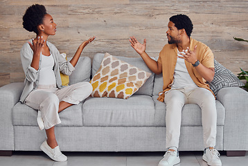 Image showing Black couple, fight and angry on sofa for marriage problems, conflict and communication crisis. Divorce, argument and frustrated partner of man, woman and people in anger, affair or breakup in lounge