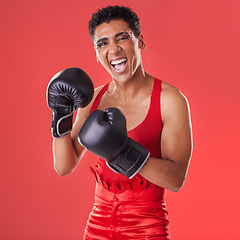 Image showing Boxing, gloves and portrait of a gay man excited for a fight isolated on a red background in studio. Fitness, happy and lgbt person ready for a fighting competition, game and sport on a backdrop