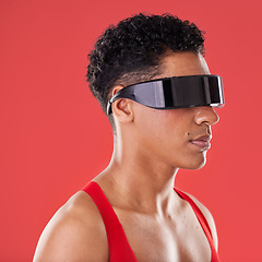 Image showing Metaverse, virtual reality and black man with glasses for ai and future scifi and 3d gaming tech. Model person profile on red background for cyberpunk and digital transformation for cyber world vr ux