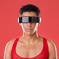 Image showing Black man, metaverse and virtual reality glasses for futuristic scifi 3d gaming technology. Gay person portrait on red background for cyberpunk and digital transformation for cyber world ar or vr ux