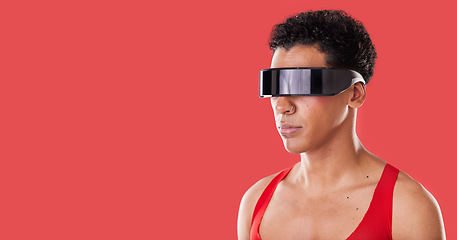 Image showing Metaverse, vr glasses and black man with mockup for ai futuristic scifi and 3d gaming technology. Person profile on red background for cyberpunk, sci fi and augmented reality for cyber world ux space