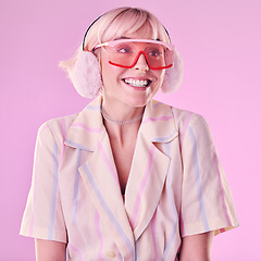 Image showing Fashion, excited and a woman quirky in studio for wow, surprise and comic face on pink background. Aesthetic model person with glasses while thinking of edgy vaporwave trend with creativity and color
