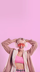 Image showing Fashion, comic and a woman with mockup in studio while laughing for funny space on pink background. Aesthetic model person with glasses for edgy vaporwave trend with creativity and color advertising