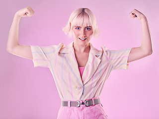 Image showing Woman, flexing arm muscle in portrait and smile, power and strong female isolated on pink background. Freedom fight, empowerment and strength with confidence, pride in challenge with champion and win