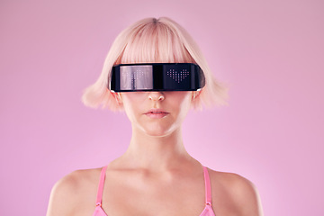 Image showing Metaverse, virtual reality and a woman with glasses for ai and future scifi and 3d gaming technology. Model person on a pink background for cyberpunk and digital transformation for cyber world vr ux