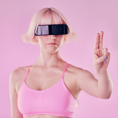 Image showing Metaverse, virtual reality glasses and a woman with hand for future scifi and ai 3d gaming technology. Model person on a pink background for cyberpunk and digital transformation for cyber world vr ux