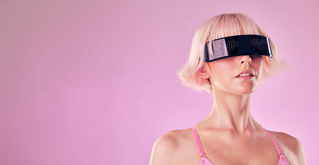 Image showing Glasses, virtual reality and a woman in metaverse for mockup future scifi and 3d gaming technology. Model person on a pink background for cyberpunk and digital transformation for ai cyber world vr ux