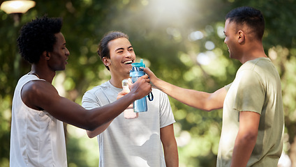 Image showing Fitness, water bottle and friends toast in nature after workout, exercise or training. Sports, comic and group of happy men cheers with liquid to celebrate goals, targets and laughing at funny joke.