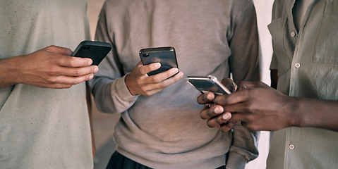 Image showing Man, hands and phone of people networking on social media, mobile app or chatting together. Hand of men holding smartphone texting or typing for online network share, data sync or communication