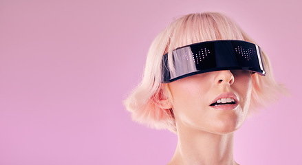 Image showing Virtual reality, metaverse and a woman with glasses for ai and future scifi 3d gaming mockup technology. Face of person on pink background for cyberpunk and wow digital transformation cyber world ux