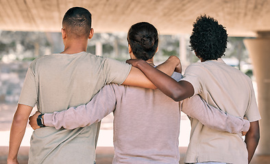 Image showing Back, men and friends hug, fitness and bonding after training, workout or exercise for wellness. Males, athletes or guys embrace, support or team with solidarity, healthy lifestyle or group activity