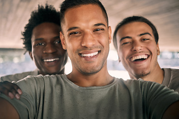 Image showing Man, friends and portrait smile for selfie, vlog or profile picture together for social media post. Happy men smiling for photo memories, picture moment or partnership in happiness for friendship