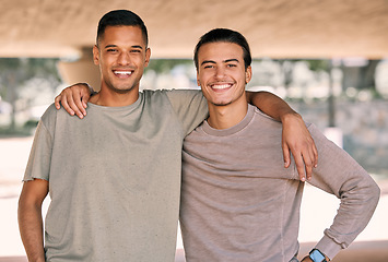 Image showing Friends, portrait and men with smile outdoor, relax together and happy with diversity, hug and freedom. Friendship, care and bonding with solidarity, support and young people with bond and trust