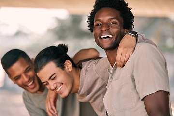 Image showing Friends laughing together, men outdoor with hug and funny, relax and happy with diversity, smile and freedom. Friendship, humor and bonding with solidarity, support and young people with trust