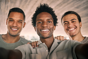 Image showing Black man, friends and portrait smile for selfie, vlog or profile picture together for social media post. Happy men smiling for photo memories, picture moment or partnership in friendship happiness