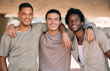 Image showing Friends together, portrait and men outdoor with hug, relax and happy with diversity, smile and freedom. Friendship, care and bonding with solidarity, support and young people with bond and trust