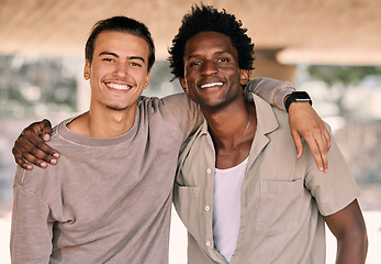 Image showing Friends, portrait and men outdoor with hug and together, relax and happy with diversity, smile and freedom. Friendship, care and bonding with solidarity, support and young people with bond and trust