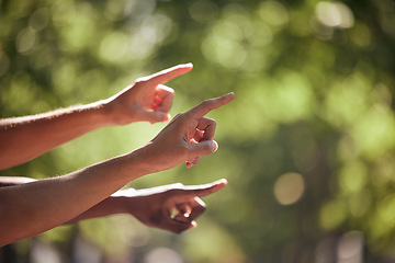 Image showing Pointing, gesture and hands in nature for bird watching, hiking and view. Summer, travel and fingers gesturing for a location, adventure and showing while walking in a park for fitness and cardio