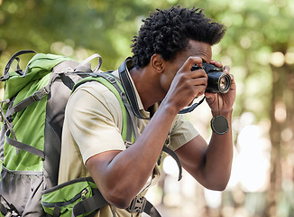 Image showing Fitness, black man and hiking with camera, forest and tourism in nature, capture moment and wilderness. African American male, hiker and tourist taking pictures, exercise and walking in mountains