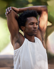 Image showing Fitness, exercise and black man stretching arms in nature to start training workout outdoors. Sports, thinking and male athlete stretch, warm up or getting ready for running, exercising or jogging.