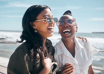 Image showing Happy, friendship and women on a walk at the beach while on a summer vacation, weekend trip or adventure. Happiness, freedom and female friends walking by the ocean while on seaside holiday together.