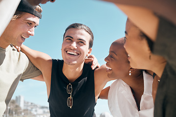 Image showing Friends, huddle or diversity in solidarity, community support or bonding by travel beach in group social gathering. Smile, happy men or women in circle, summer holiday vacation or trust support group