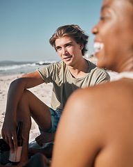 Image showing Man, black woman or people bonding on beach sand and beer, alcohol drink or cider in holiday, vacation or summer travel. Smile, happy or picnic friends by ocean in community support or relax freedom