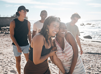 Image showing Friends, laughing or walking on beach sand or sea in social gathering joke, diversity vacation comedy or comic summer holiday. Smile, happy men or ocean women in travel bonding or funny storytelling