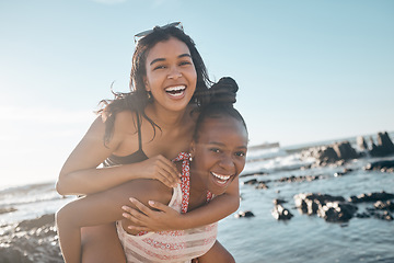 Image showing Friends, laughing or piggyback portrait by beach, ocean or sea in social gathering, vacation comedy or summer holiday. Smile, happy or black woman carrying girl in travel fun, bonding or comic games