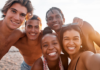 Image showing People, portrait and selfie of friends at beach outdoors bonding, smile and enjoying holiday sunset. Travel face, freedom or group of men and women taking pictures for social media or happy memory.