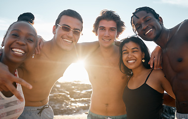 Image showing Friends, portrait or embrace on beach in group vacation, social gathering or sunset summer holiday in profile picture. Men, women or diversity people in hug, travel bonding or happy community support