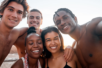 Image showing People, selfie and portrait of friends at beach outdoors laughing, smile and enjoying holiday sunset. Travel face, freedom and group of men and women taking pictures for social media or happy memory.