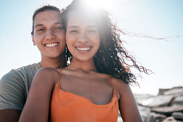 Image showing Selfie, portrait and couple at a beach for travel, fun and bond, happy and relax on blue sky background. Social media, influencer and man with woman for profile picture, photo or blog update in Miami