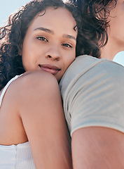 Image showing Love, portrait and woman hugging her boyfriend while on date for romantic or their anniversary. Happy, smile and face of female embracing her man from behind outdoors with romance, care and affection