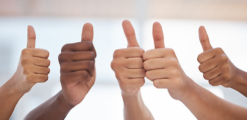 Image showing Hands, thumbs up and business people with thank you, success and yes sign on blurred background. Partnership, collaboration and hand emoji sign by team showing icon, symbol and approval with fingers