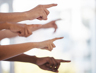 Image showing Finger raise, team and office with space for mockup, pointing and teamwork for problem solving together. Hands, group and answer for solution, test and motivation with mock up by blurred background