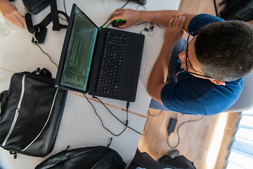 Image showing Top view of programmer diligently testing smartphone applications while sitting in their office.