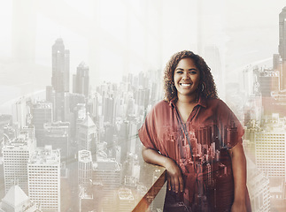 Image showing Businesswoman, portrait smile and city in double exposure with vision for career ambition, goals or success. Female architect employee smiling for planning, idea or architecture buildings on overlay