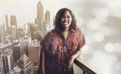 Image showing Black woman, portrait smile and city with vision for career ambition, goals or success in double exposure. Female architect employee smiling for planning, idea or architecture buildings on overlay