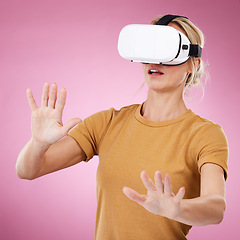 Image showing Scared woman, vr glasses and metaverse for future technology, gaming and digital transformation. Person with fear for virtual reality, 3d and cyber world experience with ai headset on pink background