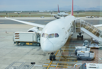 Image showing International airport, runway and airplane terminal for travel, transportation and journey. Global flight, commercial aeroplane and hangar ground for traffic infrastructure, cargo or aircraft vehicle