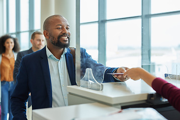 Image showing Ticket check, counter and black man in airport line for passport or travel service. Happy customer person at security or consultant booth or glass window for business booking or buy paper at seller