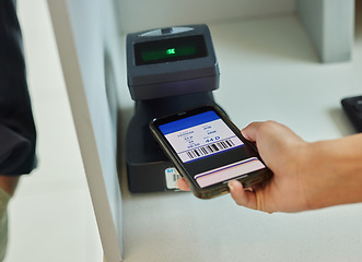 Image showing Hands, phone and ticket scan at airport for travel, immigration or transport service by terminal. Hand of traveler scanning smartphone online boarding pass, barcode or permit on mobile flight app