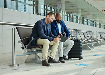 Image showing Airport partner, business tablet and people for online flight booking, travel news or digital schedule management app. Communication, lobby and tech of international black man with immigration advice