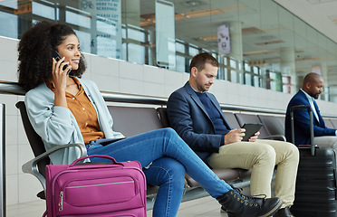 Image showing Black woman, phone call and airport in waiting room for conversation, communication or flight delay. African American female talking on smartphone in wait for travel, airplane or departure discussion