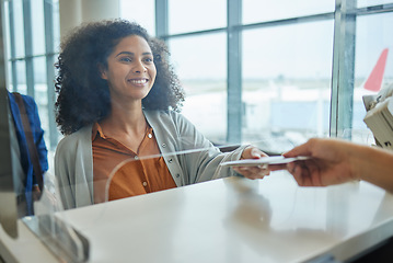 Image showing Glass window, ticket check and black woman at airport counter with paper for travel or box office. Happy customer person at cashier consultant booth for work booking and buying service pass at seller