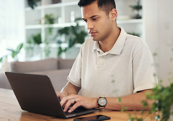 Image showing Serious, planning and young man on laptop typing email, financial management or startup investment research. Professional worker, employee or person working on computer for finance career opportunity