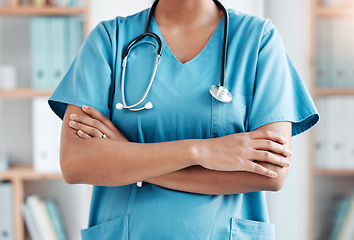 Image showing Closeup, healthcare and proud, woman and doctor at hospital for medicine or health goal. Confident nurse, hands and professional surgeon ready for help with medical service while working at a clinic