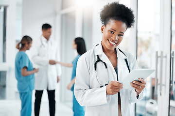 Image showing Research, portrait and black woman with tablet for healthcare, medicine and internet information. Schedule, communication and African doctor with technology for medical service, telehealth and email