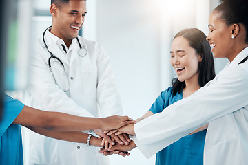 Image showing Collaboration, doctors and hands in support of healthcare, mission and goal motivation in a hospital. Surgeon, diversity and team hand connect for vision, partnership and teamwork, unity and vision